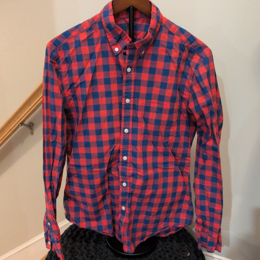 J Crew Shirt Mens Size M Red Navy Blue Buffalo Plaid Check Cotton Button Down